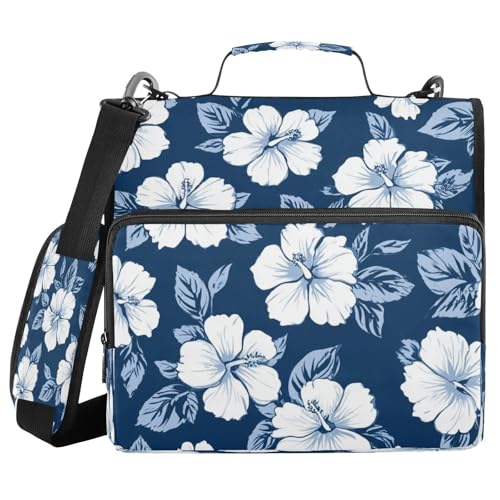 Kcldeci Ordner mit Reißverschluss, 3 Ringe, 3,8 cm, Weiß, Hibiskusblumen, 500 Blatt, Organizer mit Schultergurt, Fächermappen für Schule und Büro von Kcldeci