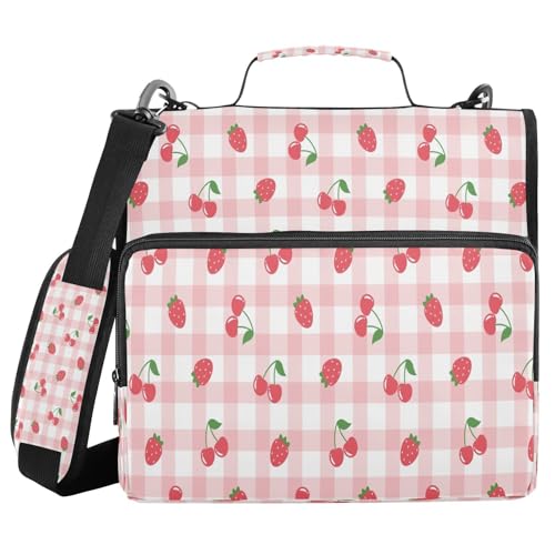 Kcldeci Ordner mit Reißverschluss, Kirschen und Erdbeeren, 500 Blatt, 3,8 cm, 3-Ringbuch-Tasche mit Schultergurt, erweiterbarer Aktenordner für Schule und Büro von Kcldeci