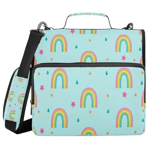 Kcldeci Ordner mit Reißverschluss, Motiv: Regenbögen, Sterne und Regentropfen, 500 Blatt, 3,8 cm, 3-Ringbuch-Tasche mit Schultergurt, erweiterbarer Aktenordner für Schule und Büro von Kcldeci