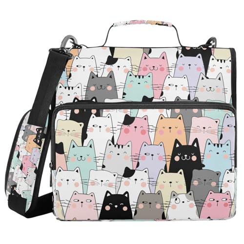 Kcldeci Ordnermappe mit niedlichem Katzen-Motiv, 3 Ringe, 3,8 cm, Reißverschluss, 500 Blatt, mit Schultergurt, Fächermappe für Schule und Büro von Kcldeci