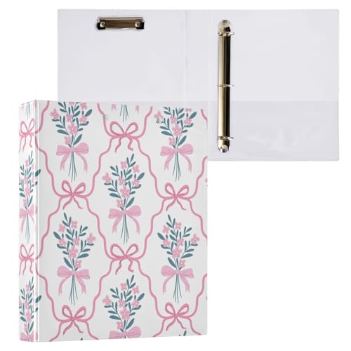 Kcldeci Pinke Schleife, Blumenstrauß, 3-Ringbuch, 1 Packung, Klemmbretter, Aktenordner mit 3,8 cm rundem Ring für Papier in Briefgröße, Hardcover-Ordner für Schule, Büro und Zuhause von Kcldeci