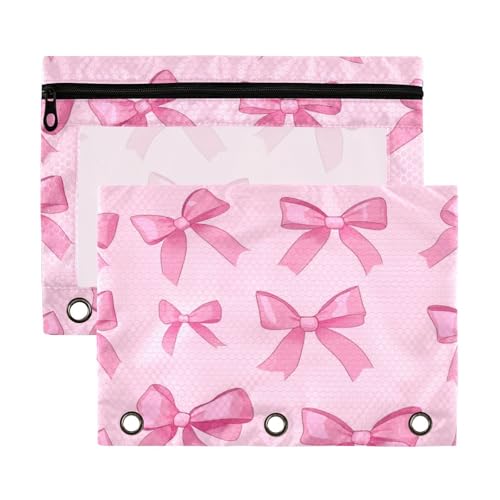 Kcldeci Pinke Schleifen auf einem rosa Federmäppchen für 3-Ringbuch, Federmäppchen mit Reißverschluss, transparentes Federmäppchen, Büro, Schreibwaren, Schule, Organizer von Kcldeci