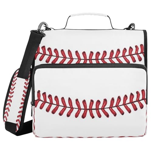 Kcldeci Red Baseball Stitches 3-Ring-Ordner mit Reißverschluss, 3,8 cm, 500 Blatt, Organizer mit Schultergurt, Fächermappen für Schule und Büro von Kcldeci