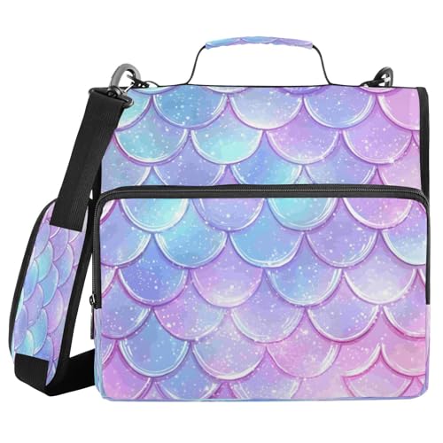 Kcldeci Regenbogen-Fischschuppen, 3 Ringe, 3,8 cm Reißverschluss, 500 Blatt, Trapperhalter, Organizer, Bindertasche mit Schultergurt, Fächermappen für Schule und Büro von Kcldeci