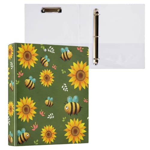Kcldeci Ringbuch mit 3 Ringen, Sonnenblumen und Honigbienen, 2 Stück, Klemmbretter mit 3,8 cm rundem Ring für Papier in Briefgröße, Hardcover-Ordner für Schule, Büro und Zuhause von Kcldeci