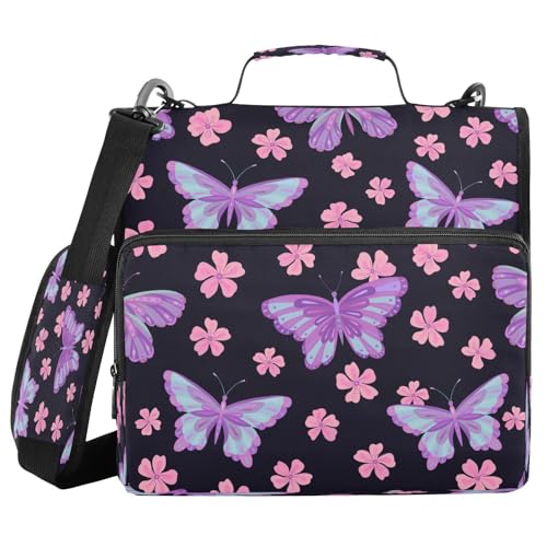 Kcldeci Schmetterlings- und Sakura-Blumen-Ordner mit 3 Ringen, 3,8 cm Reißverschluss, 500 Blatt, Trapperhalter, Organizer, Tasche mit Schultergurt, Fächermappe für Schule und Büro von Kcldeci