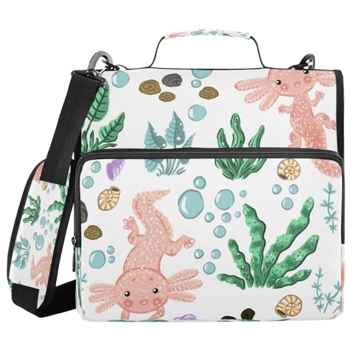 Kcldeci Sea Axolotls Muschel-Blasen-Ordner mit 3 Ringen, 3,8 cm Reißverschluss, 500 Blatt, Trapperhalter, Organizer, Bindertasche mit Schultergurt, Fächermappen für Schule und Büro von Kcldeci