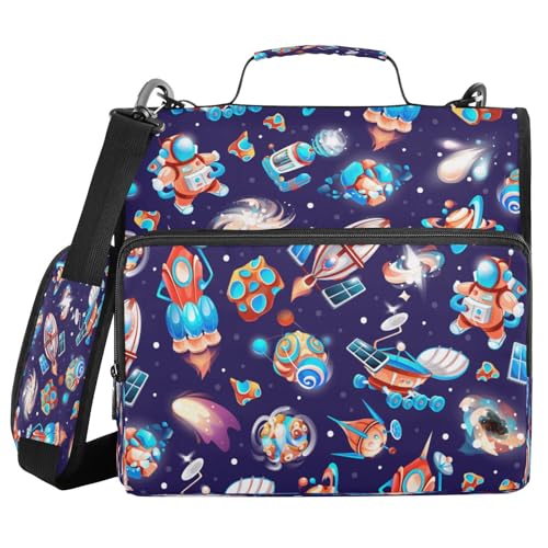 Kcldeci Space Cartoon Space Cosmos Rocket 3-Ringbuch mit Reißverschluss, 500 Blatt, Trapperhalter, Organizer, 3,8 cm, Bindertasche mit Schultergurt, Dokumentenaufbewahrung für Schule und Büro von Kcldeci