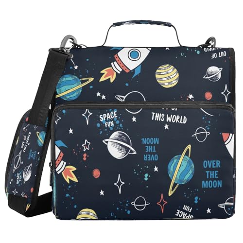 Kcldeci Space Rockets Galaxy Planet Stars 3-Ringbuch mit Reißverschluss, 500 Blatt, Trapperhalter, Organizer, 3,8 cm, Bindertasche mit Schultergurt, Dokumentenaufbewahrung für Schule und Büro von Kcldeci