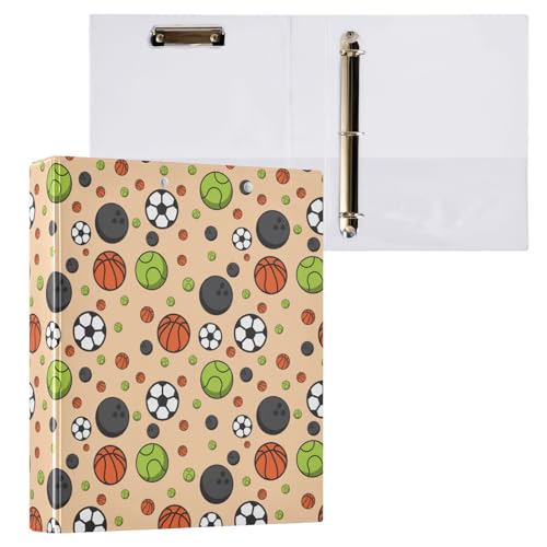 Kcldeci Sportball nahtloses Muster, 3 Ringordner, 1 Packung, 3,8 cm, runder Ring für Papier in Briefgröße, Hardcover-Ordner für Schule, Büro und Zuhause von Kcldeci
