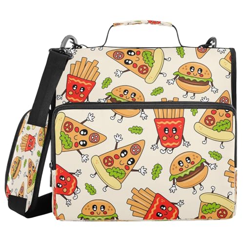 Kcldeci Süßer Burger-Pizza-Ordner mit Reißverschluss, 500 Blatt, 3,8 cm, 3-Ringbuch-Tasche mit Schultergurt, Fächermappe für Schule und Büro von Kcldeci