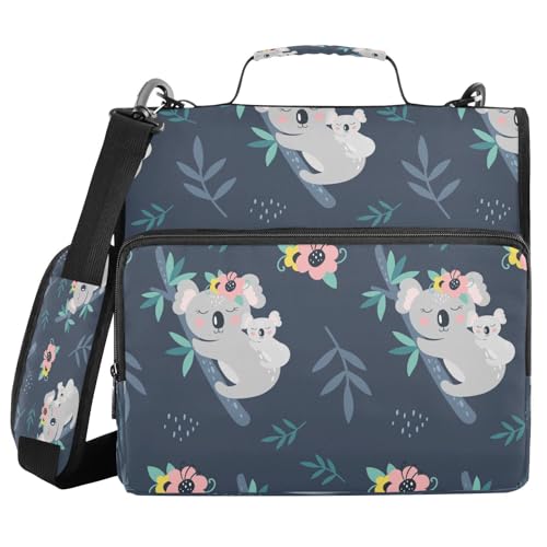 Kcldeci Süßer Koala auf blauem 3-Ring-Ordner, 3,8 cm Reißverschluss, 500 Blatt, Trapperhalter, Organizer, Ordnertasche mit Schultergurt, Fächermappen für Schule und Büro von Kcldeci