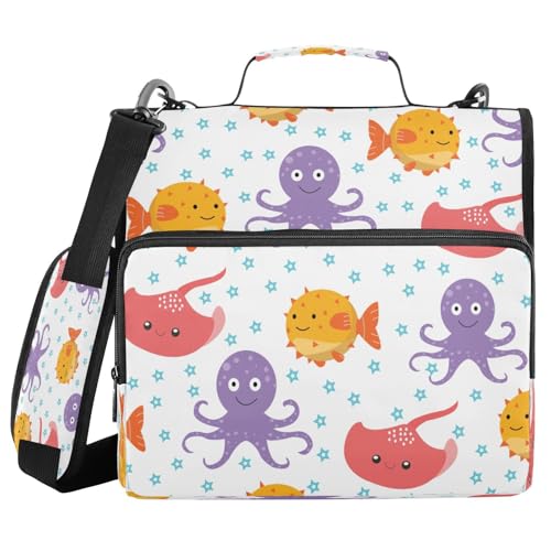 Kcldeci Süßer Oktopus-Stachelrochenfisch, 3-Ringbuch mit Reißverschluss, 500 Blatt, 3,8 cm, Bindertasche mit Schultergurt, Dokumentenaufbewahrung für Schule und Büro von Kcldeci