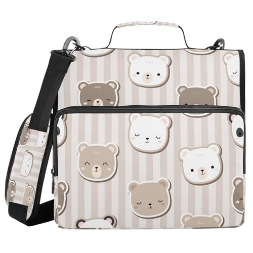 Kcldeci Süßer Teddybär-Kopf, Cartoon-Kritzeleien, 3 Ringe, 3,8 cm Reißverschluss, 500 Blatt, Trapperhalter, Organizer, Tasche mit Schultergurt, Fächermappe für Schule und Büro von Kcldeci
