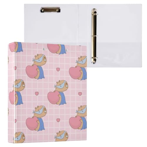 Kcldeci Süßes Capybara-Herz auf kariertem 3-Ringbuch, 1 Packung, 3,8 cm runder Ring für Papier in Briefgröße, Hardcover-Ordner für Schule, Büro und Zuhause von Kcldeci