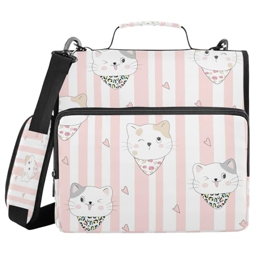 Kcldeci Süßes Katzen-Reißverschluss-Ordner, 500 Blatt, 3,8 cm, 3-Ringbuch-Tasche mit Schultergurt, erweiterbarer Aktenordner für Schule und Büro von Kcldeci