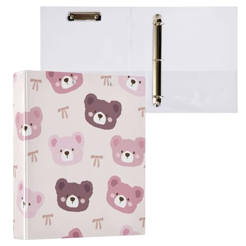 Kcldeci Teddybär-Köpfe, braune Schleifen, 3-Ringbuch, 2 Stück, Klemmbretter, Aktenordner mit 3,8 cm rundem Ring für Papier in Briefgröße, Hardcover-Ordner für Schule, Büro und Zuhause von Kcldeci