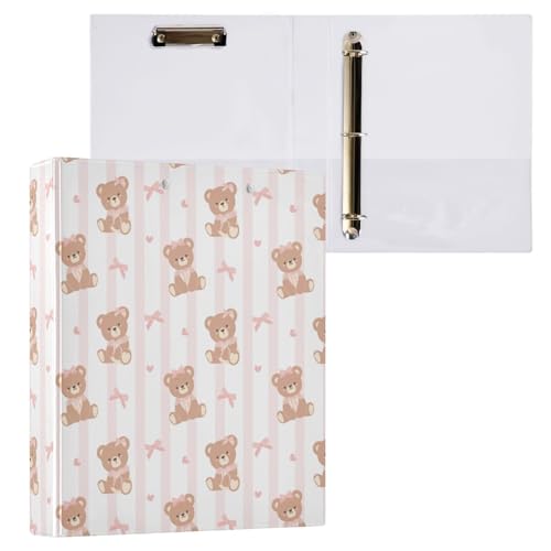 Kcldeci Teddybär mit rosa Schleife, 3-Ringbuch, 1 Packung, Klemmbretter, Aktenordner mit 3,8 cm rundem Ring für Papier in Briefgröße, Hardcover-Ordner für Schule, Büro und Zuhause von Kcldeci