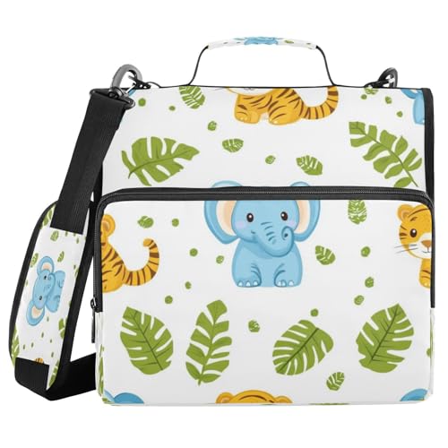 Kcldeci Tiger Elephants 3-Ring-Ordner mit Reißverschluss, 3,8 cm (1,5 Zoll), 500 Blatt, Trapperhalter, Organizer, Tasche mit Schultergurt, Fächermappe für Schule und Büro von Kcldeci