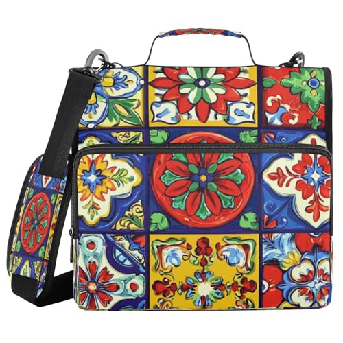 Kcldeci Traditionelle mexikanische Fliesen, 3 Ringe, 3,8 cm Reißverschluss, 500 Blatt, Papier-Organizer, Ordnertasche mit Schultergurt, Fächermappen für Schule und Büro von Kcldeci