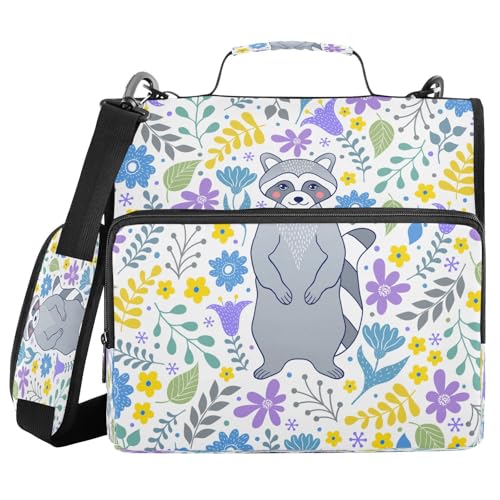 Kcldeci Waschbär und Blumen auf weißem 3-Ring-Ordner, 3,8 cm Reißverschluss, 500 Blatt, Trapperhalter, Organizer, Ordnertasche mit Schultergurt, Fächermappen für Schule und Büro von Kcldeci