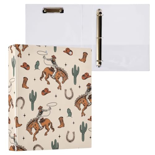 Kcldeci Western-Kaktus-Cowboy-Boho-Ordner mit 3 Ringen, 3,8 cm, runder Ring für Briefpapier, Hardcover-Ordner für Schule, Büro und Zuhause von Kcldeci