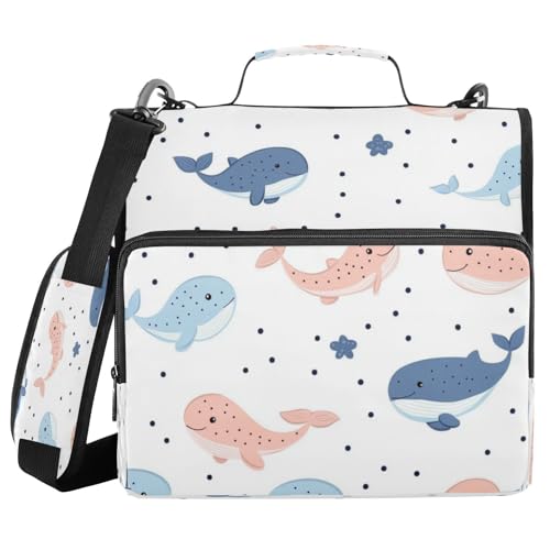 Kcldeci Whales Polka Dots 3-Ring-Ordner mit Reißverschluss, 3,8 cm, 500 Blatt, Papier-Organizer mit Schultergurt, Fächermappe für Schule und Büro von Kcldeci