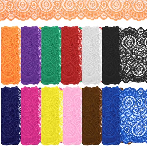 Keadic 12 Stück 18 CM Breite 1 Yard lange Spitze Elastische Trim,Elastic Lace Ribbon Floral Pattern, Spitze Stoff Stretch Spitze Nähen Spitze Trim Blumenspitze für Nähen Handwerk DIY(12 Farben) von Keadic