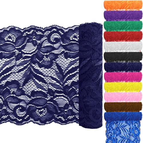 Keadic 12 Stück 5,9 "Breite 5 Yards lange Spitze Elastische Trim Elastische Spitze Stoff Stretch Blumenspitze Elastic Lace Ribbon Floral Pattern für Nähen Handwerk DIY (Dunkelblau) von Keadic