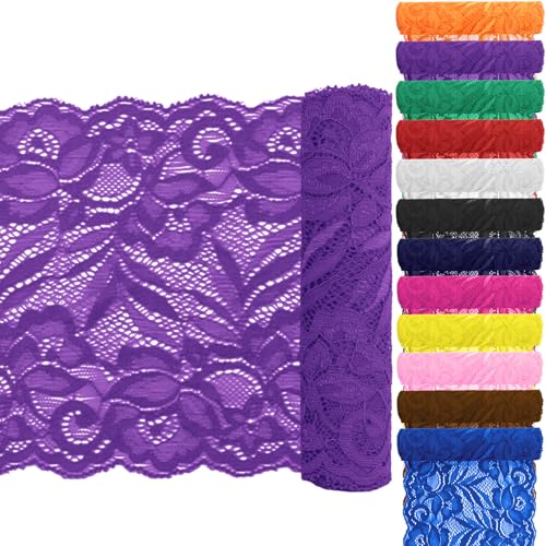 Keadic 12 Stück 5,9 "Breite 5 Yards lange Spitze Elastische Trim Elastische Spitze Stoff Stretch Blumenspitze Elastic Lace Ribbon Floral Pattern für Nähen Handwerk DIY (Lila) von Keadic