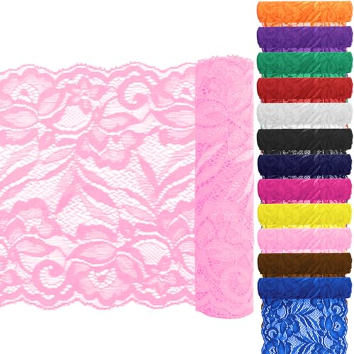 Keadic 12 Stück 5,9 "Breite 5 Yards lange Spitze Elastische Trim Elastische Spitze Stoff Stretch Blumenspitze Elastic Lace Ribbon Floral Pattern für Nähen Handwerk DIY (Rosa) von Keadic