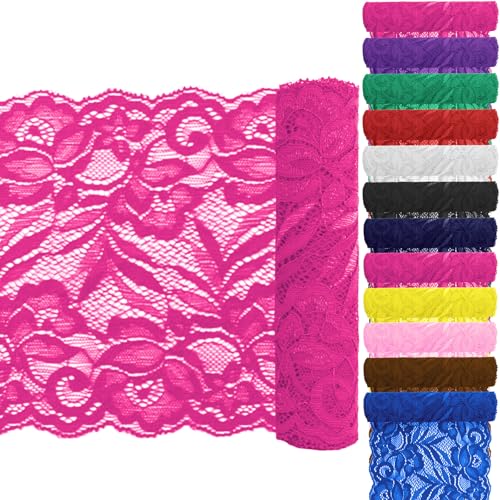 Keadic 12 Stück 5,9 "Breite 5 Yards lange Spitze Elastische Trim Elastische Spitze Stoff Stretch Blumenspitze Elastic Lace Ribbon Floral Pattern für Nähen Handwerk DIY (Rose Rot) von Keadic