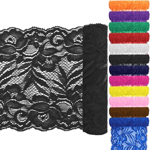 Keadic 12 Stück 5,9 "Breite 5 Yards lange Spitze Elastische Trim Elastische Spitze Stoff Stretch Blumenspitze Elastic Lace Ribbon Floral Pattern für Nähen Handwerk DIY (Schwarz) von Keadic