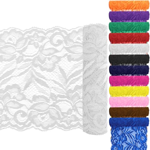 Keadic 12 Stück 5,9 "Breite 5 Yards lange Spitze Elastische Trim Elastische Spitze Stoff Stretch Blumenspitze Elastic Lace Ribbon Floral Pattern für Nähen Handwerk DIY (Weiß) von Keadic