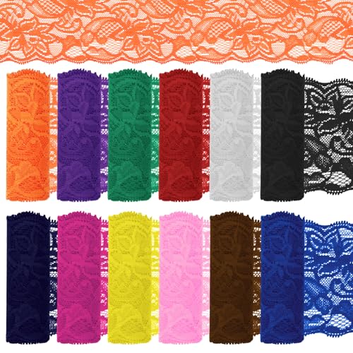 Keadic 12 Stück 8 CM Breite 1 Yard lange Spitze Elastische Trim,Elastic Lace Ribbon Floral Pattern, Spitze Stoff Stretch Spitze Nähen Spitze Trim Blumenspitze für Nähen Handwerk DIY(12 Farben) von Keadic