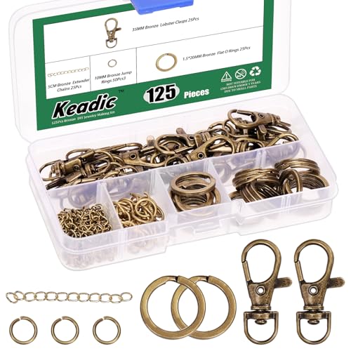 Keadic 125 Stück Schlüsselanhänger Herstellung Kit Enthält Schwenkverschlüsse, Schlüsselanhänger, Open Jump Ringe, Kettenverlängerer und Schmuckzangen für Halskette Armband (Bronze) von Keadic