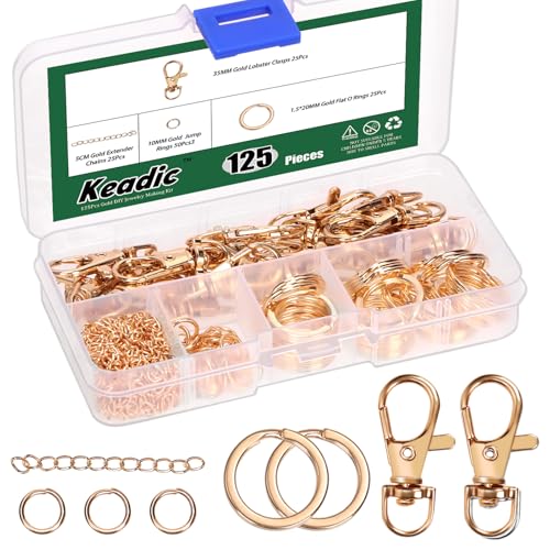 Keadic 125 Stück Schlüsselanhänger Herstellung Kit Enthält Schwenkverschlüsse, Schlüsselanhänger, Open Jump Ringe, Kettenverlängerer und Schmuckzangen für Halskette Armband (Gold) von Keadic