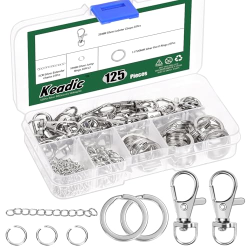 Keadic 125 Stück Schlüsselanhänger Herstellung Kit Enthält Schwenkverschlüsse, Schlüsselanhänger, Open Jump Ringe, Kettenverlängerer und Schmuckzangen für Halskette Armband (Silber) von Keadic