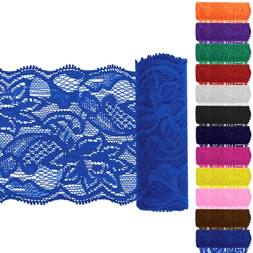 Keadic 12PCS 3,15 "Breite 5 Yards lange Spitze Elastische Trim Elastische Spitze Stoff Stretch Elastische Spitze Nähen Spitze Trim Elastic Lace Ribbon Floral Pattern für Nähen Handwerk DIY (Blau) von Keadic