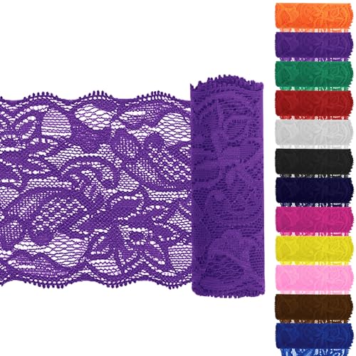 Keadic 12PCS 3,15 "Breite 5 Yards lange Spitze Elastische Trim Elastische Spitze Stoff Stretch Elastische Spitze Nähen Spitze Trim Elastic Lace Ribbon Floral Pattern für Nähen Handwerk DIY (Lila) von Keadic