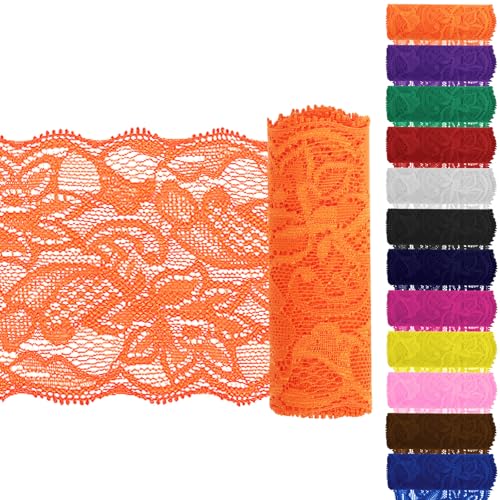 Keadic 12PCS 3,15 "Breite 5 Yards lange Spitze Elastische Trim Elastische Spitze Stoff Stretch Elastische Spitze Nähen Spitze Trim Elastic Lace Ribbon Floral Pattern für Nähen Handwerk DIY (Orange) von Keadic
