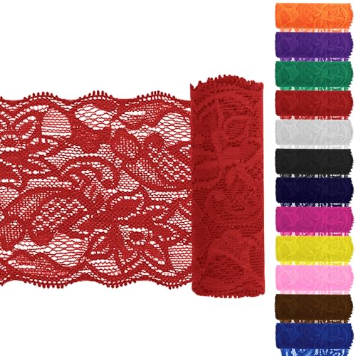 Keadic 12PCS 3,15 "Breite 5 Yards lange Spitze Elastische Trim Elastische Spitze Stoff Stretch Elastische Spitze Nähen Spitze Trim Elastic Lace Ribbon Floral Pattern für Nähen Handwerk DIY (Rot) von Keadic