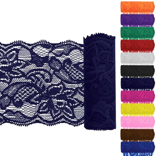 Keadic 12PCS 3,15 "Breite 5 Yards lange Spitze Elastische Trim Elastische Spitze Stoff Stretch Elastische Spitze Nähen Spitze Trim Elastic Ribbon Floral Pattern für Nähen Handwerk DIY (Dunkelblau) von Keadic