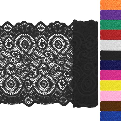 Keadic 12PCS 7,1 "Breite 5 Yards lange Spitze Elastische Trim Elastische Spitze Stoff Stretch Elastic Lace Ribbon Floral Pattern Fabric Lace Blumenspitze für Nähen Handwerk DIY (Schwarz) von Keadic