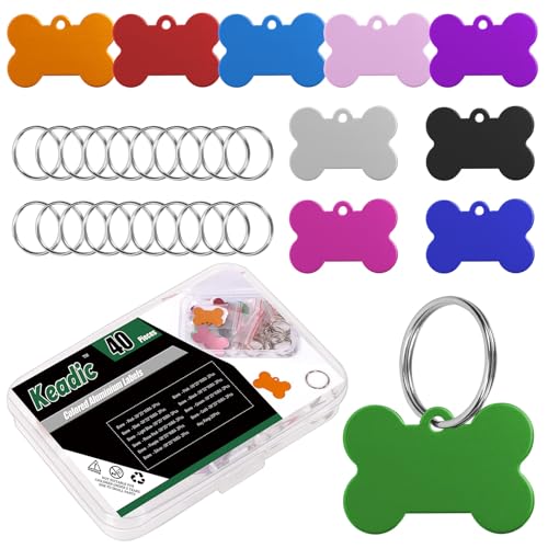 Keadic 20 Stück Knochen Aluminium Blank Tags, Mehrfarbige Blank Scheiben Stempeln Blanks mit Split Ringe, Blank Hund Haustier Tags eloxierte Aluminium Stempeln Blank für DIY Dekorative Haustier Tag von Keadic