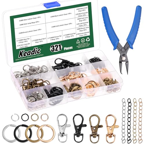Keadic 321Pcs Schlüsselanhänger Herstellung Kit enthält Schwenkverschlüsse, Open Jump Ringe, Kettenverlängerer und Schmuckzangen für Halskette Armband von Keadic