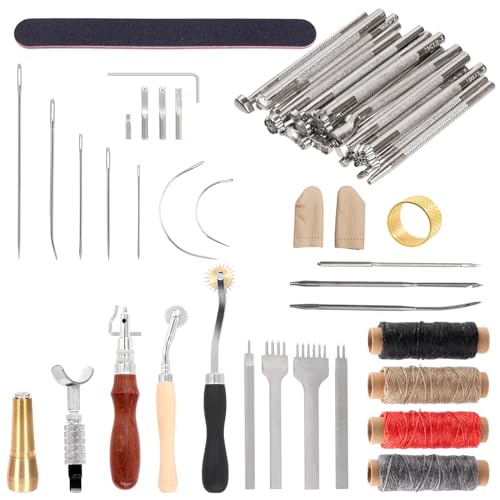 Keadic 52-teiliges Leder-Bastelset mit gewachsten Lederfäden, Nähnadeln, verstellbaren Drehmessern und Metallzackenstanzern, Leder-Stempelwerkzeuge für DIY-Lederarbeiten Keadic 52-teiliges Leder-Bastelset mit gewachsten Lederfäden, Nähnadeln, verstellbaren Drehmessern und Metallzackenstanzern, Leder-Stempelwerkzeuge für DIY-Lederarbeiten von Keadic