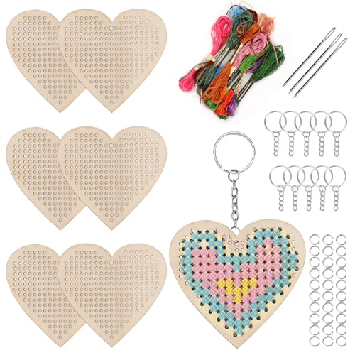 Keadic 64 Stück Herzform Holz Kreuznäht Kits, machen Sie Ihre eigenen 10 Kreuznäht Schlüsselanhänger,Wooden Cross Stitch Kits, Holz Nähset, Kunst & Handwerk Sterne für Anfänger, Mädchen von Keadic