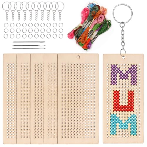 Keadic 64 Stück Quadratische Form Holz Kreuznäht Kits, machen Sie Ihre eigenen 10 Kreuznäht Schlüsselanhänger,Wooden Cross Stitch Kits, Holz Nähset, Kunst & Handwerk Sterne für Anfänger, Mädchen von Keadic
