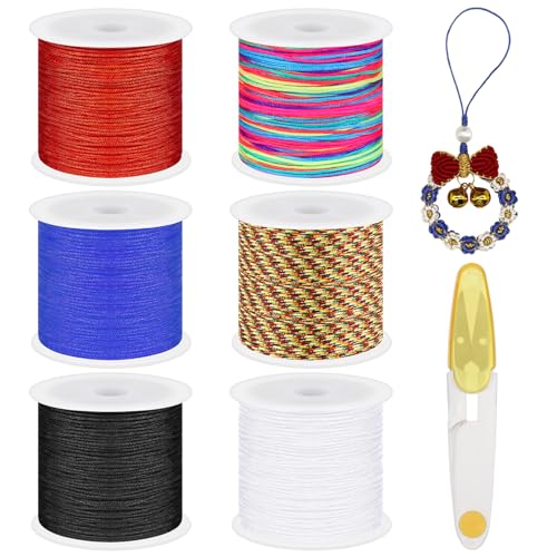 Keadic 7 Rollen 0.8mm Nylon Schnur mit Cutter Set, 328 Yards Perlenschnur Regenbogen Pony Perlenschnur für Schmuck Armband Machen, Chinesische Knoten Weben, Windspiel von Keadic